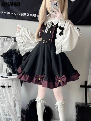 Japanese Kawaii Two Pieces Set Women Outfits Ruffled Patchwork Cute Bow Dress + Flare Sleeve Lolita Blouse Y2k Aesthetic JK Suit