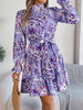Elegant Mock Neck Belted Ruffle Hem Floral Print Dress For Spring & Fall, Women's Clothing