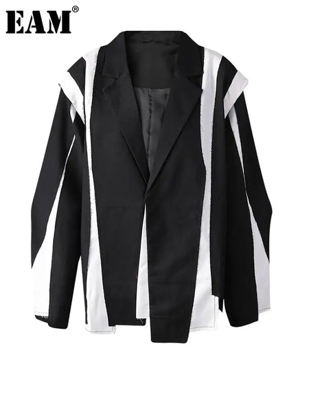 Women Black Irregular Color-block Big Size Blazer Lapel Long Sleeve Jacket Tide Spring Autumn 1DF308001