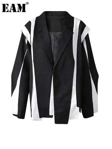 Women Black Irregular Color-block Big Size Blazer Lapel Long Sleeve Jacket Tide Spring Autumn 1DF308001