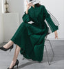 Spliced Pleated Dress For Women V-neck Long Sleeves Designer Belt Party Dresses Patchwork Female Clothing 2YA1324