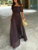 Women Mesh Maxi Dress Off Shoulder Fold Over Tube Top Ruched Waist Flowy A Line Floor Length Resort Wedding Guest Evening Gown