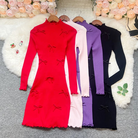 Chic Sexy Wrap Hips Knitted Mini Dress Y2K Aesthetic 3D Bows Bodycon Party Dress Streetwear Lady Dress