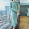 Women' 100%Pure Mink Cashmere Dress Stand-Up Collar Buckle Slim Knit Long Skirt High Waist Over The Knee Bottoming Dress