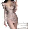 Sexy Style Low Vut V-neck Pleated Dress For Women Spring Autumn Slimming Buttocks Long Sleeved Pink Mini Hip Wrap Dresses