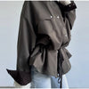 Drawstring Waist Windbreaker Jacket Women Contrast Collar Flap Pockets Long Sleeve Zip Up Coat Autumn Casual Loose Jackets
