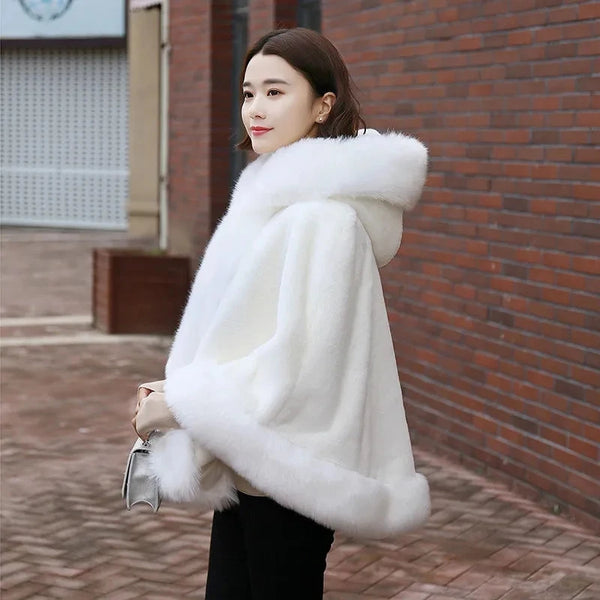 Black Fur Coat Women's Winter Shawl Cape Style Short Imitation Fox Fur Thick Hooded Windbreaker Female Warm Faux Fur Cloak