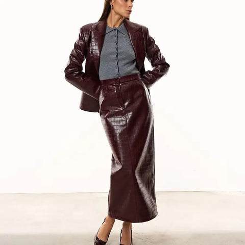 IG Women Burgundy Croc Faux Leather 2 Piece Suit Set Notched Lapel Slim Blazer Jacket High Waist Midi Pencil Skirt Elegant