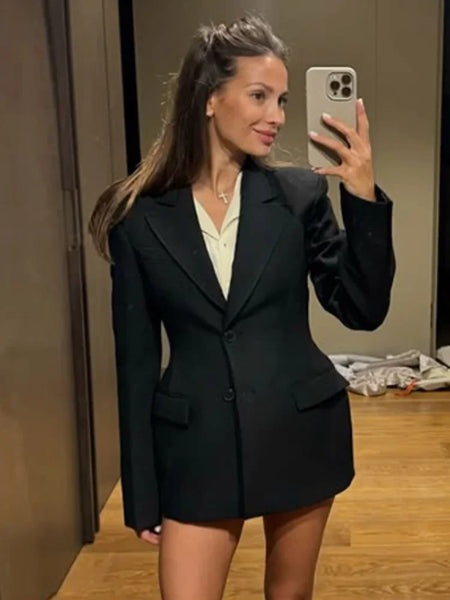 Notched Black Blazer Coats For Women Elegant Single Breasted Suit Jacket Female Long Sleeve OL Chic Street Outerwear