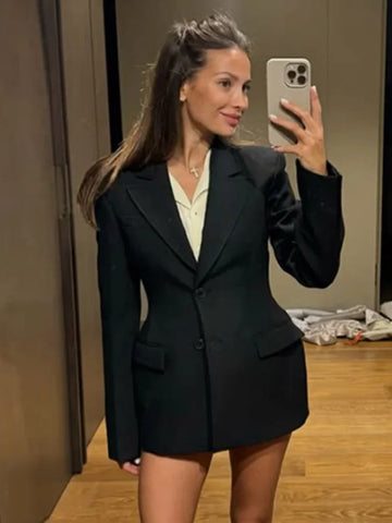 Notched Black Blazer Coats For Women Elegant Single Breasted Suit Jacket Female Long Sleeve OL Chic Street Outerwear