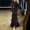 Woman Sexy O Neck Layered Ruffles Long Dresses Elegant Solid High Waist Chiffon Party Dresses Autumn Long Sleeve Slim Boho Dress