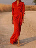 Casual Lapel V Neck Slim Long Dress For Women Spring Full Sleeve Solid Shirts Dress Elegant Lady Lace Up Split Party Dresses