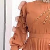 Women Vintage Elegant Pleated A Line Midi Dress with Ruffle Sleeves Stand Collar Rhinestone Stylish Formal Evening Party Outfits