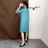 Women Pleated Single Breasted Dress Stand Theree Quarter Sleeve Tide Spring 2F0095