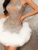 Black Diamonds Mesh Sexy See Through Cocktail Mini Dress Women Eveing Birthday Party Singer Nightclub Show Stage Costume