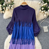 Tassel Patchwok Color Block Dress for Women Pleated Puff Sleeve Mid-calf Dresses Female Autumn