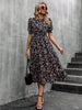 Women's Floral Print Puff Sleeve Dress, Round Neck Waist Tie Design, Boho Style Woven Fabric, All Season Wearable