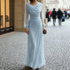 Elegant Women Ruched Slim Maxi Dress Autumn Winter Pink Swing Collar Long Sleeve Casual Party Pleats Long Dresses Robe