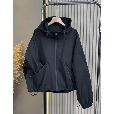 Black Hooded Windproof Windbreaker For Women Spring Autumn Casual Large Size Drawstring Trench Coat Loose Zipper Lined Jackets