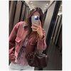 Women's Pink Corduroy Pu Leather Collar Cropped Jacket Long Sleeve Zipper Coat All-match Spring Autumn Outfit