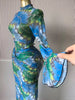 Women Full Sleeve Leaf Print Stacked Bodycon Long Dress Fall Evening Birthday Night Party Vestidos Sexy Dresses