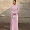 Elegant Pink Irregular Pleated Maxi Dress Women O-Neck Long Sleeve Ruched Slim Long Dress Wedding Guest Evening Party Robes