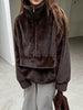Women Dark Brown Faux Fur Coat Stand Neck Zipper Loose Solid Pullover Spring Chic Lady Casual High Street Outwear