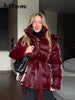 Chic Reflective Fabric Lace Up Hooded Cotton Jacket Women Stand Collar Full Sleeve Zipper Warm Overcoat Winter Lady Outwear