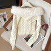 Twist Texture Fur Collar Hooded Knit Cardigan Women Winter Relaxed Slim Casual Joker Sweater Female Coat Tops