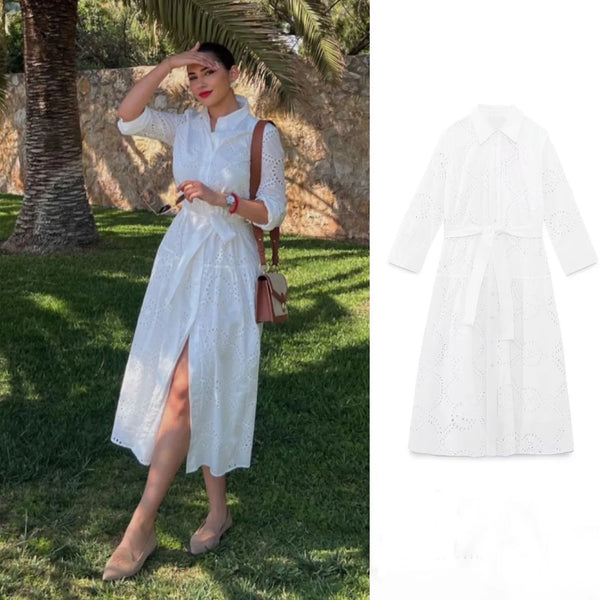 Elegant Embroidered White Dress Women Chic Lapel Long Sleeve High Waist Lace Up Maxi Dresses Female Hollow Out Vestidos