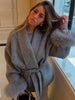 Women's Solid Color Lace Up Fur Collar Woolen Overcoat Bathrobe Style Long Loose Coat Advanced Atmosphere Autumn Winter Overwear