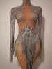 Sparkly Rhinestones Tassel Sexy See-Through Dress Women Latin Dance Outfits Bars Nightclub Party Perform Stage Costume