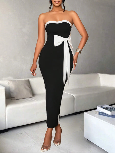 Ladies Elegant Color Block Knot Design One Shoulder Dress Stylish Graceful Versatile Butterfly Bow Dress for Women