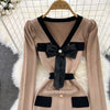 Women Elegant Butterfly Long Sleeve Bodycon V Neck Split Dress Vintage French Slim Knit Tight Vestido Autumn Winter Sweater Robe