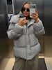 Women All Over Print Hooded Puffer Jacket Loose Oversized Zip Up Winter Warm Coat Detachable Streetwear Casual Outerwear
