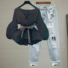 Women Elegant Sets V-Neck Stripe Lantern Sleeve Bow Belt Chiffon Shirt & Blouse Top Korean Ripped Jeans Office Lady Casual Suits