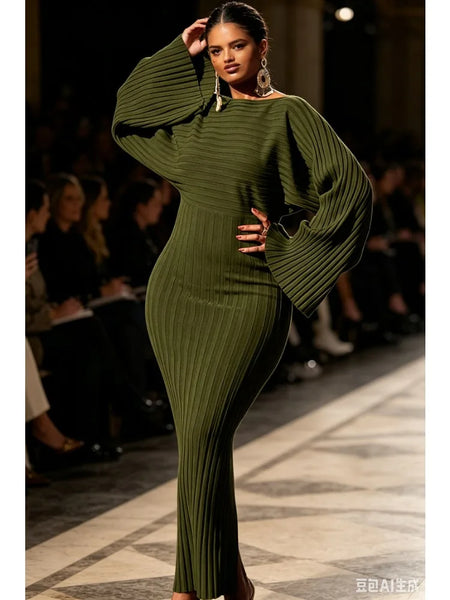 Black Knitted Dress Women O Neck Long Sleeve Bodycon Midi Dresses Female Elegant High Strecth Light Loose Dresses Thin