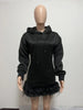 Women Hooded Long Sleeve Fur Hem Sweathirt Style Midi Dress Winter Streetwar Mini Black Dresses Vestidos
