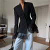 One Button Lace Blazer Women Black Slim V-neck Full Sleeve Shoulder Pads Jacket Fall Office Lady All-match Outwear