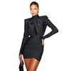 Classic Turtleneck Dress Women Shoulder Padded Ruched Sexy Office Commute Simple Peach Hip Skinny Elegant Mini Bodycon
