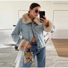 Furry Trim Cropped Denim Jacket Single Breasted Long‑Sleeve Winter Women Warm Outerwear Versatile Lady Casual Jean Coat