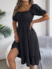 Solid Puff Sleeve Square Neck Ruched Bust Ruffle Hem Wasit Dress, Women's Clothing