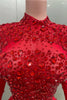 Yiling Sparkling Red Crystal Feather Mermaid Long Sleeve Long Dress Women's Formal Occasion Wedding Celebration Party