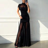 Elegant Sheer Maxi Dress Women High Neck Cap Sleeve Ruched Bodycon Mini Skirt Overlay Tulle Floor Length Evening Party Dress