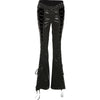 Hipster Leather Flared Pants Women Coquette Shirring Hollow Rivet Stretch Streetwear Chic Y2K Music Festival Bottoms