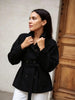 Women Black Belted Double Breasted Coat High Neck Long Sleeve Tailored Fit Elegant Jacket Winter Office Casual Outerwears