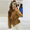 Elegant Suede Belt Women's Jacket Loose Full Sleeve Stand Collar Single Breasted Lace Up Jacket Female Autumn Coat
