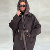 Dark Brown Hooded Hybrid Belted Jacket Oversize Long-Sleeve Spring Elegant Women Outerwear Office Casual Overcoat