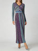 Hit Color Striped Spliced Bright Silk Dresses for Women V Neck Long Sleeve High Waist Knit Dress Female