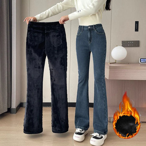 Winter Female Thin Snow Warm Plush Jeans Lady Chic Fleece Flared Pants Girls Korean High Waist Straight Leg Denim Trousers